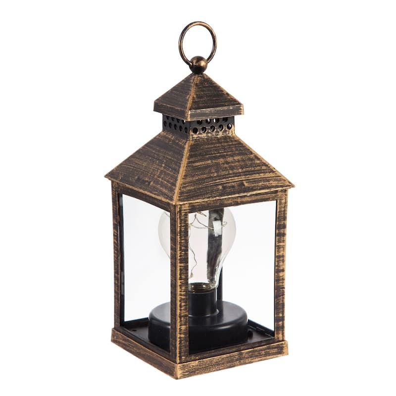8.5"H Battery Operated Twinkling Light Bulb Lantern, Black with Brushed